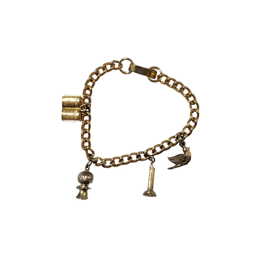 Vintage Gold Tone Curb Chain Charm Bracelet 6 Inch Bird Book Lighthouse Globe